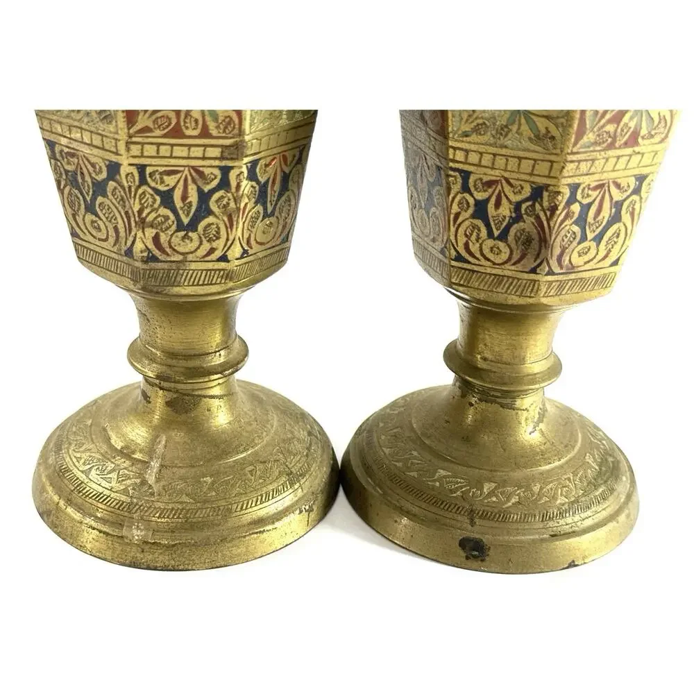 Vintage Indian Brass Enamel Vases 9.5” Pair Hand Etched Floral Boho - Picture 8 of 8